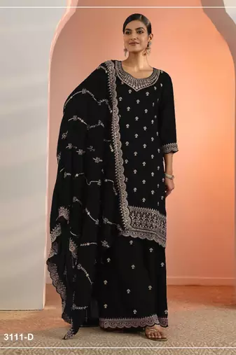 Black faux georgette semi stitched suit with embroidery work