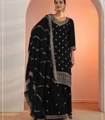 Black faux georgette semi stitched suit with embroidery work