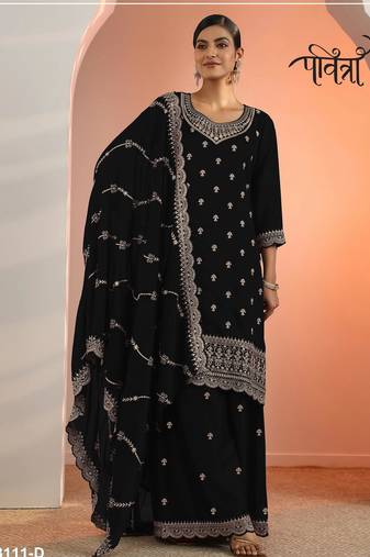Black faux georgette semi stitched suit with embroidery work