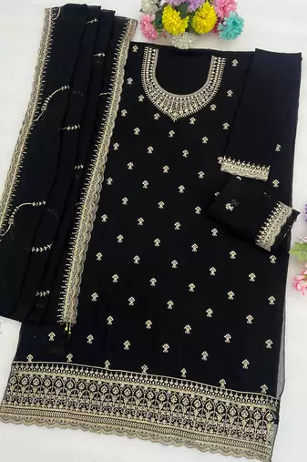 Black faux georgette suit with embroidery 