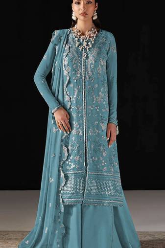 D blue chiffon semi stitched suit with embroidery work