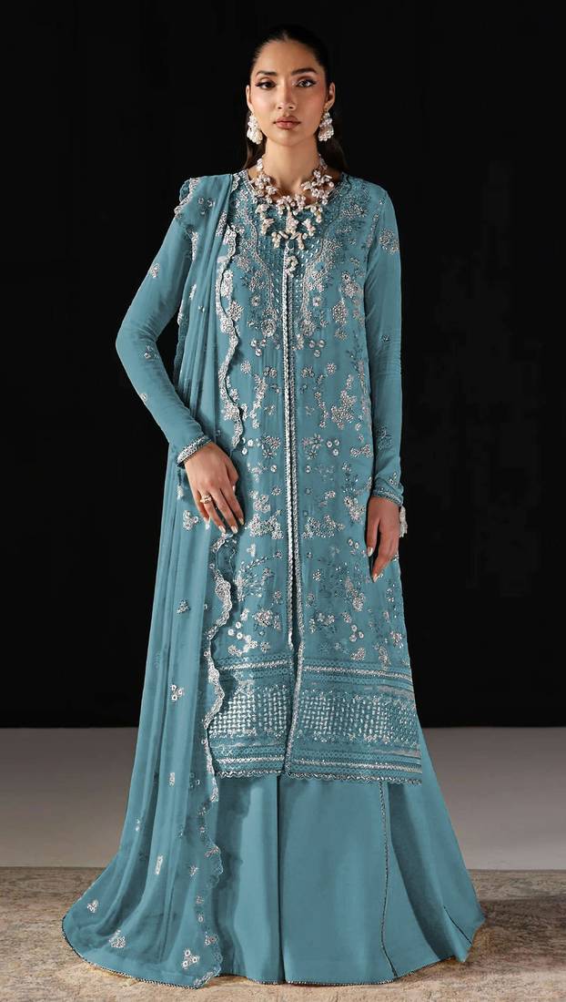 D blue chiffon semi stitched suit with embroidery work