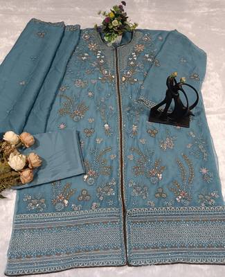 D blue chiffon suit with embroidery  2