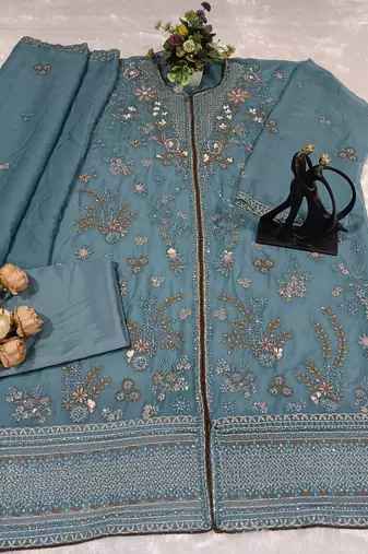 D blue chiffon suit with embroidery 
