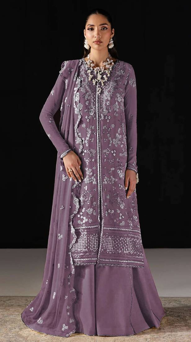 Purple chiffon semi stitched suit with embroidery work