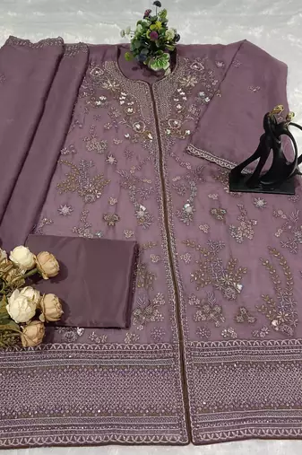Purple chiffon suit with embroidery 