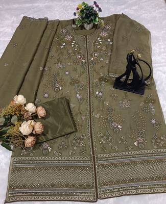 Mehendi chiffon suit with embroidery  2