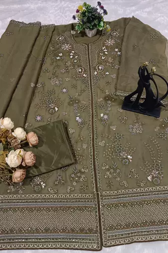 Mehendi chiffon suit with embroidery 