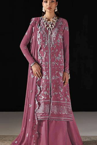 Pink chiffon semi stitched suit with embroidery work