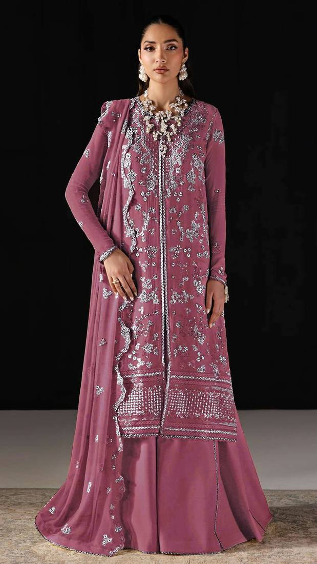 Pink chiffon semi stitched suit with embroidery work