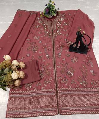 Pink chiffon suit with embroidery  2