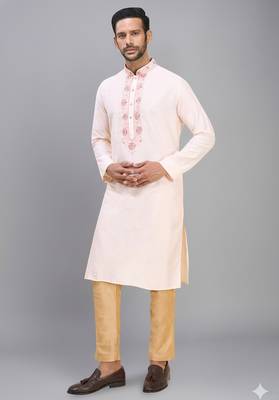 cream embroidered silk men’s kurta pant set 3