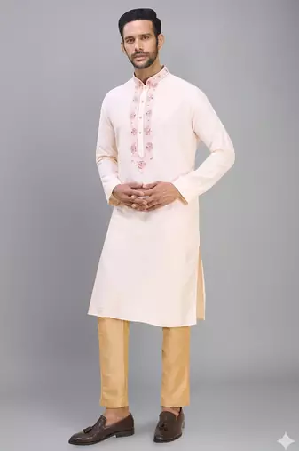 cream embroidered silk men’s kurta pant set