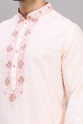 cream embroidered silk men’s kurta pant set 4