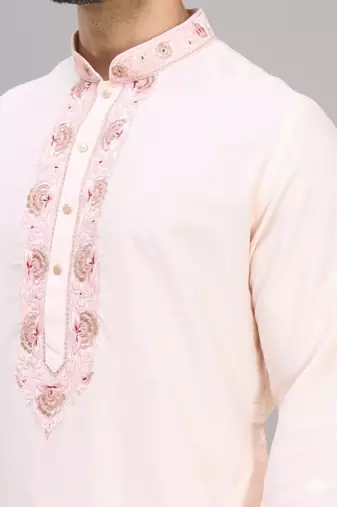 cream embroidered silk men’s kurta pant set