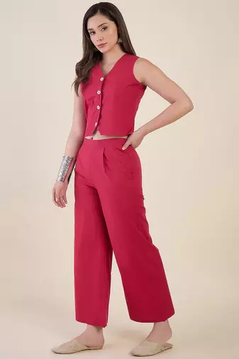 Women’s pink solid co-ord set | sleeveless vest top with wide leg pants