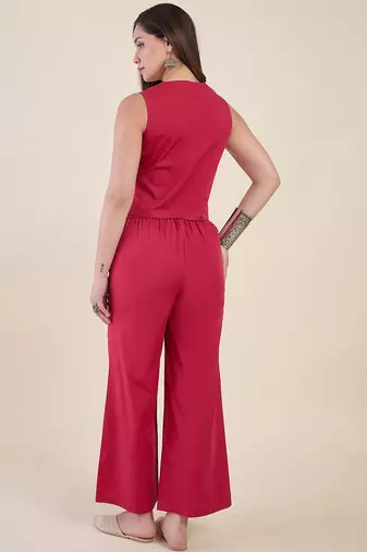 Women’s pink solid co-ord set | sleeveless vest top with wide leg pants