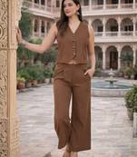 Women’s brown solid co-ord set | sleeveless vest top with wide leg pants