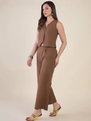 Women’s brown solid co-ord set | sleeveless vest top with wide leg pants 2