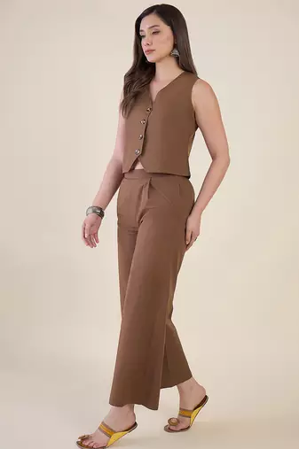 Women’s brown solid co-ord set | sleeveless vest top with wide leg pants