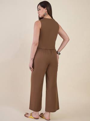 Women’s brown solid co-ord set | sleeveless vest top with wide leg pants 3
