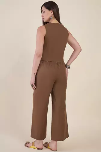 Women’s brown solid co-ord set | sleeveless vest top with wide leg pants