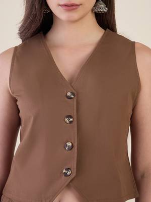 Women’s brown solid co-ord set | sleeveless vest top with wide leg pants 4
