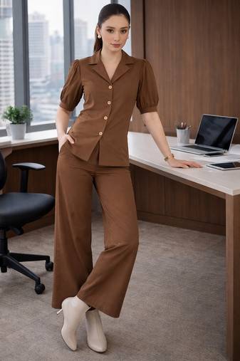 brown puff sleeve blazer co-ord set with wide pants