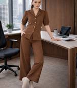 brown puff sleeve blazer co-ord set with wide pants