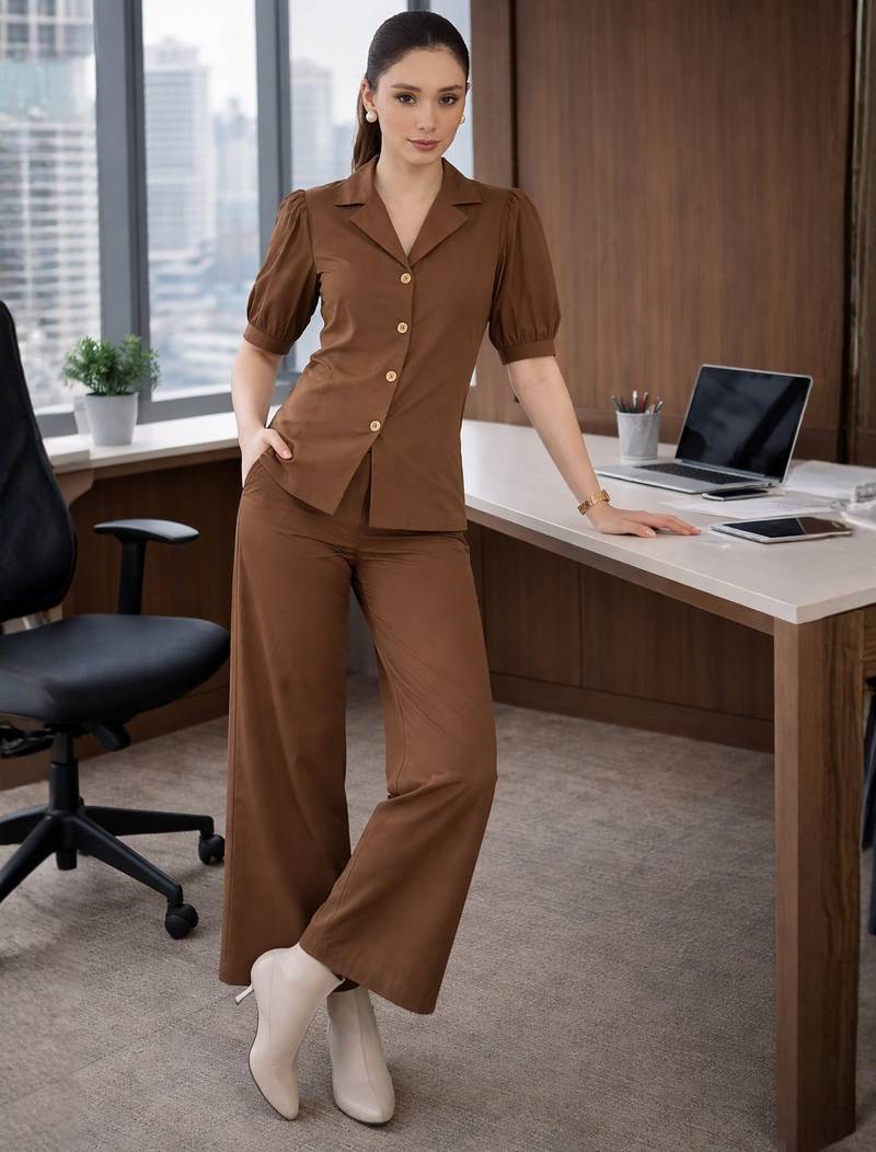 brown puff sleeve blazer co-ord set with wide pants