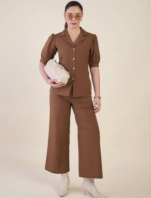 brown puff sleeve blazer co-ord set with wide pants 2