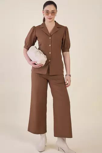 brown puff sleeve blazer co-ord set with wide pants