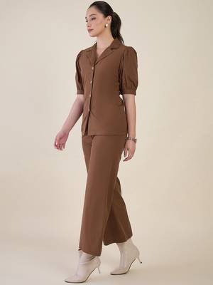brown puff sleeve blazer co-ord set with wide pants 3