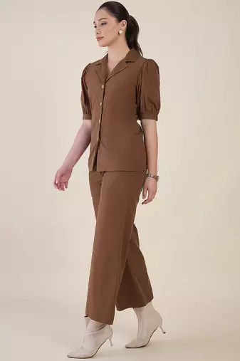 brown puff sleeve blazer co-ord set with wide pants