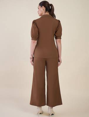 brown puff sleeve blazer co-ord set with wide pants 4