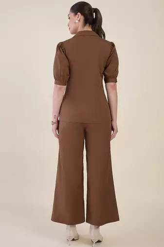 brown puff sleeve blazer co-ord set with wide pants