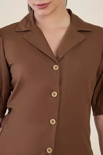 brown puff sleeve blazer co-ord set with wide pants