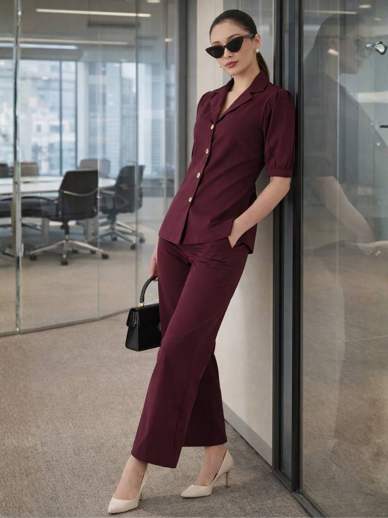 burgundy puff sleeve blazer co-ord set with wide pants