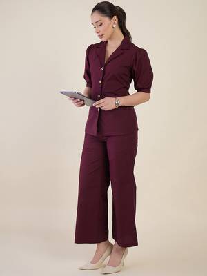 burgundy puff sleeve blazer co-ord set with wide pants 2
