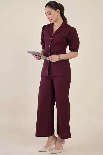 burgundy puff sleeve blazer co-ord set with wide pants