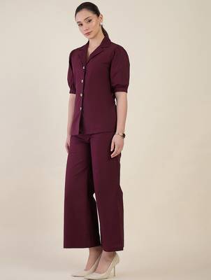 burgundy puff sleeve blazer co-ord set with wide pants 3