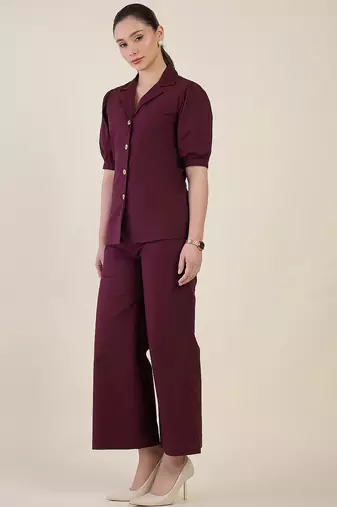 burgundy puff sleeve blazer co-ord set with wide pants