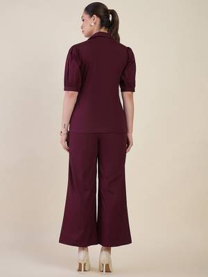 burgundy puff sleeve blazer co-ord set with wide pants 4
