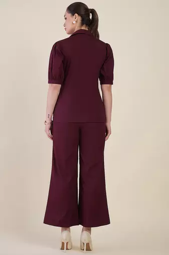 burgundy puff sleeve blazer co-ord set with wide pants