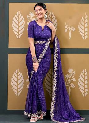 Blue printed embroidered saree 1
