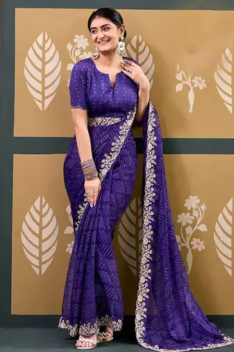 Blue printed embroidered saree