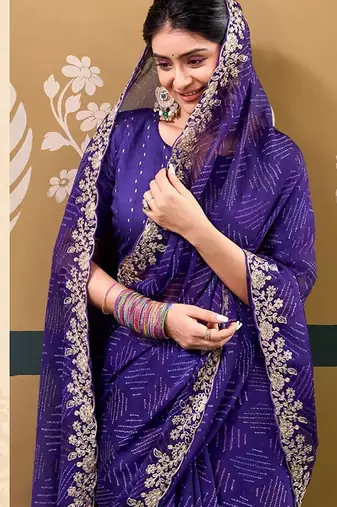 Blue printed embroidered saree