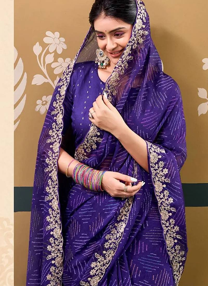 Blue printed embroidered saree