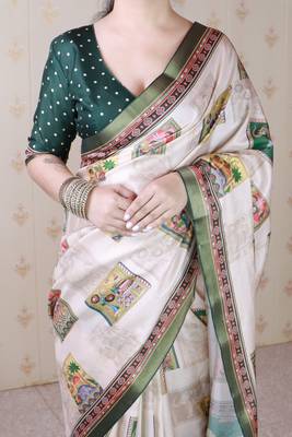 Green printed tussar silk printed saree with blouse 5
