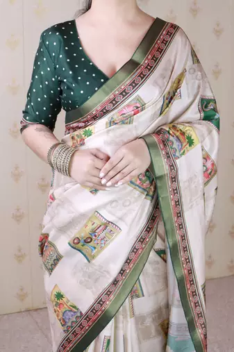 Green printed tussar silk printed saree with blouse